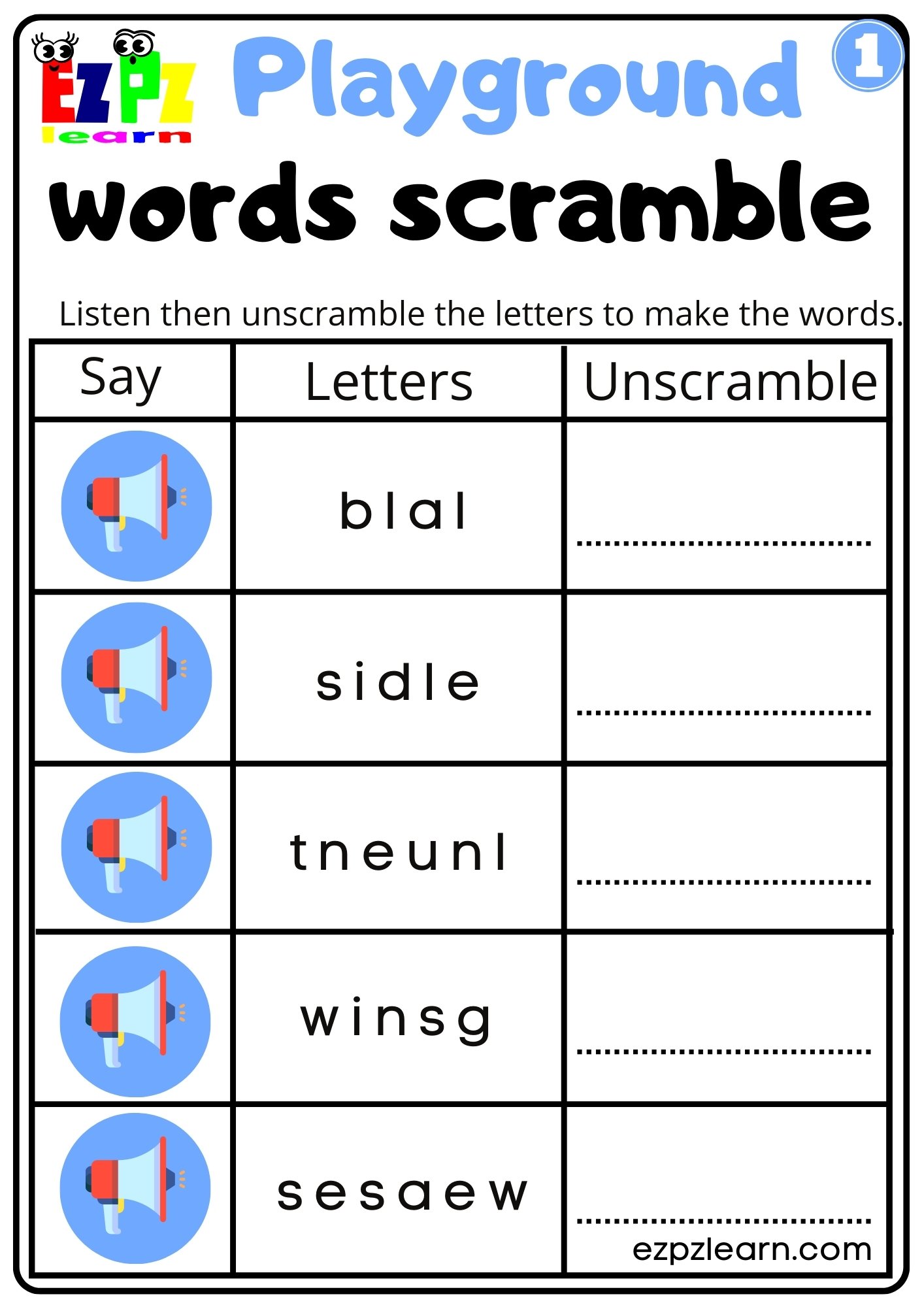 Playground Interactive Vocabulary Worksheet Listen, Unscramble and Write the Words Activity for Kids and ESL Students G1
